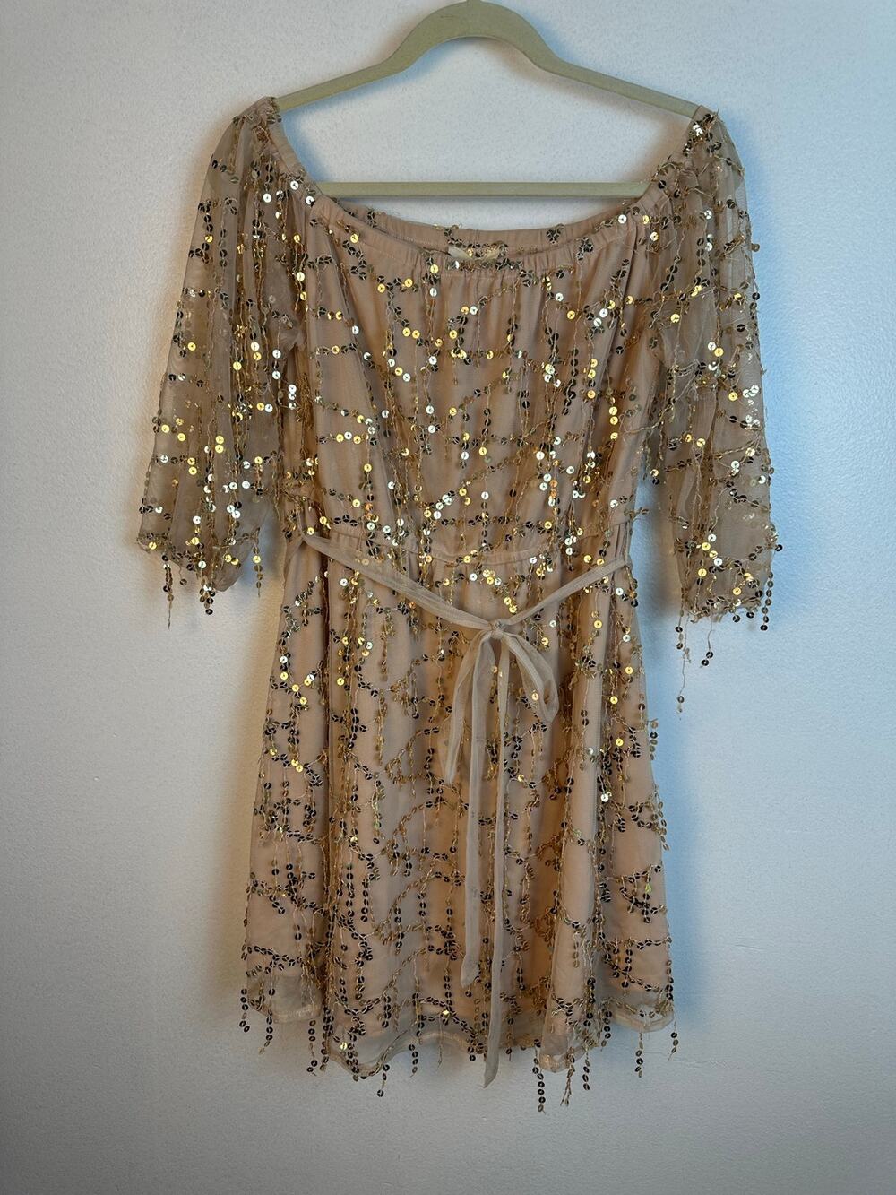 Love gold sequin embellished dress off-the-shoulder neckline tie waist Large